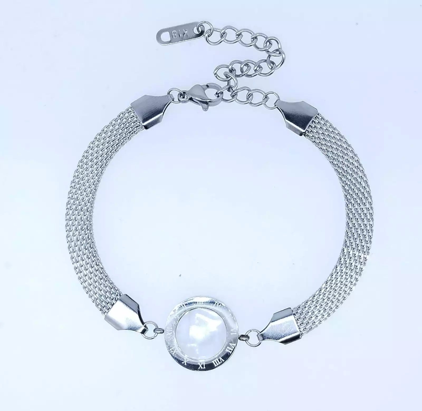 Pulsera acero circulo fondo concha-malla